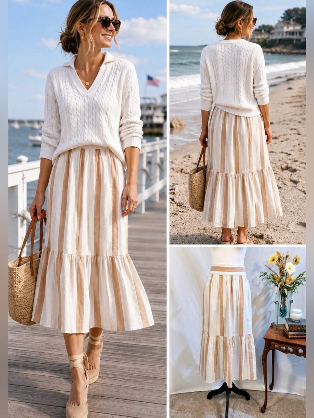 💥Madewell Linen Blend Wide Stripe Tiered Midi Skirt Cream Sand Pull-On Size S🧡
